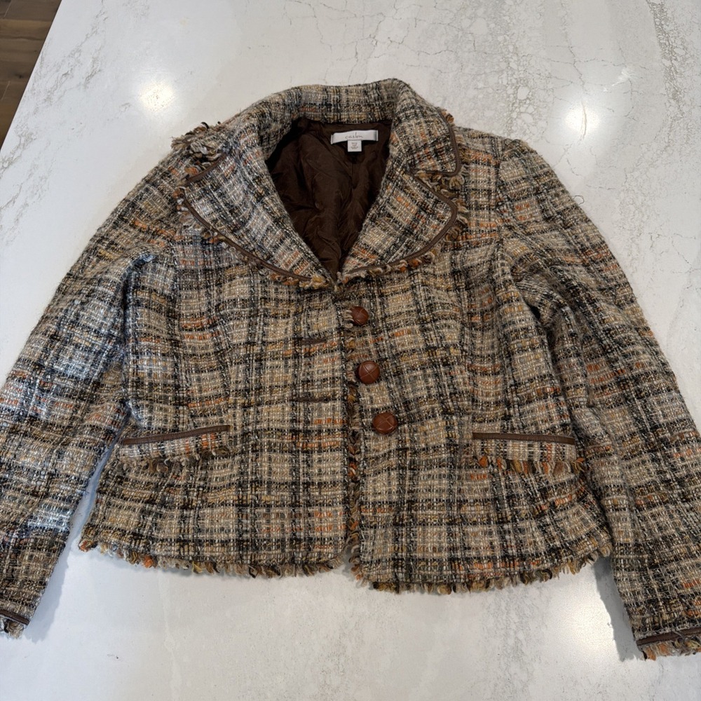 Women's Caslon Vintage Virgin Wool Blend Plaid Tweed Blazer Size 14P Brown Multi